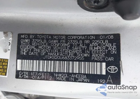 2008 Toyota Prius из США, поврежденный, VIN JTDKB20U683372955